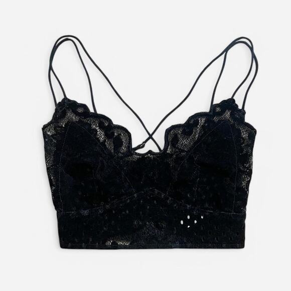 Free People Black Velvet Madonna Sheer Floral Lace Smocked Cropped Bra Top XS - Picture 1 of 8